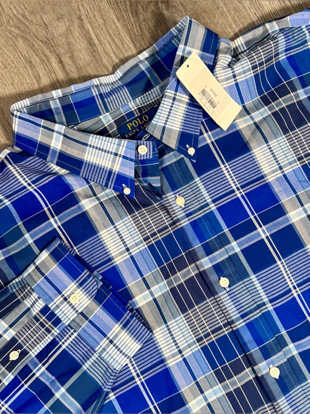 Polo Ralph Lauren Mens 5XB Blue White Plaid Long Sleeve Poplin Shirt Stretch Big